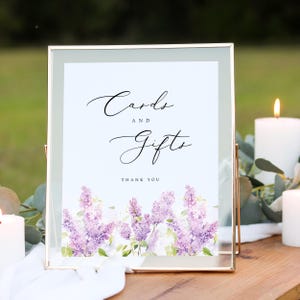 Plantilla de letrero para tarjetas y regalos, letrero para despedida de soltera en tonos lila y lavanda, letrero floral morado para mesa de regalo, descarga instantánea editable, #ALCL