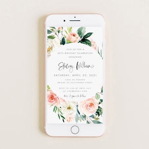 May include: A floral-themed invitation for a 30th birthday celebration for Stacey Williams. The invitation is set against a white background with pink and white flowers and green leaves. The text reads "Join us for a 30th Birthday Celebration Honoring Stacey Williams Saturday, April 20, 2021 Casa do Franco Bridge 32 Southwark Street RSVP to Lisa by 28th July at lisa@gmail.com that's & goes to follow"