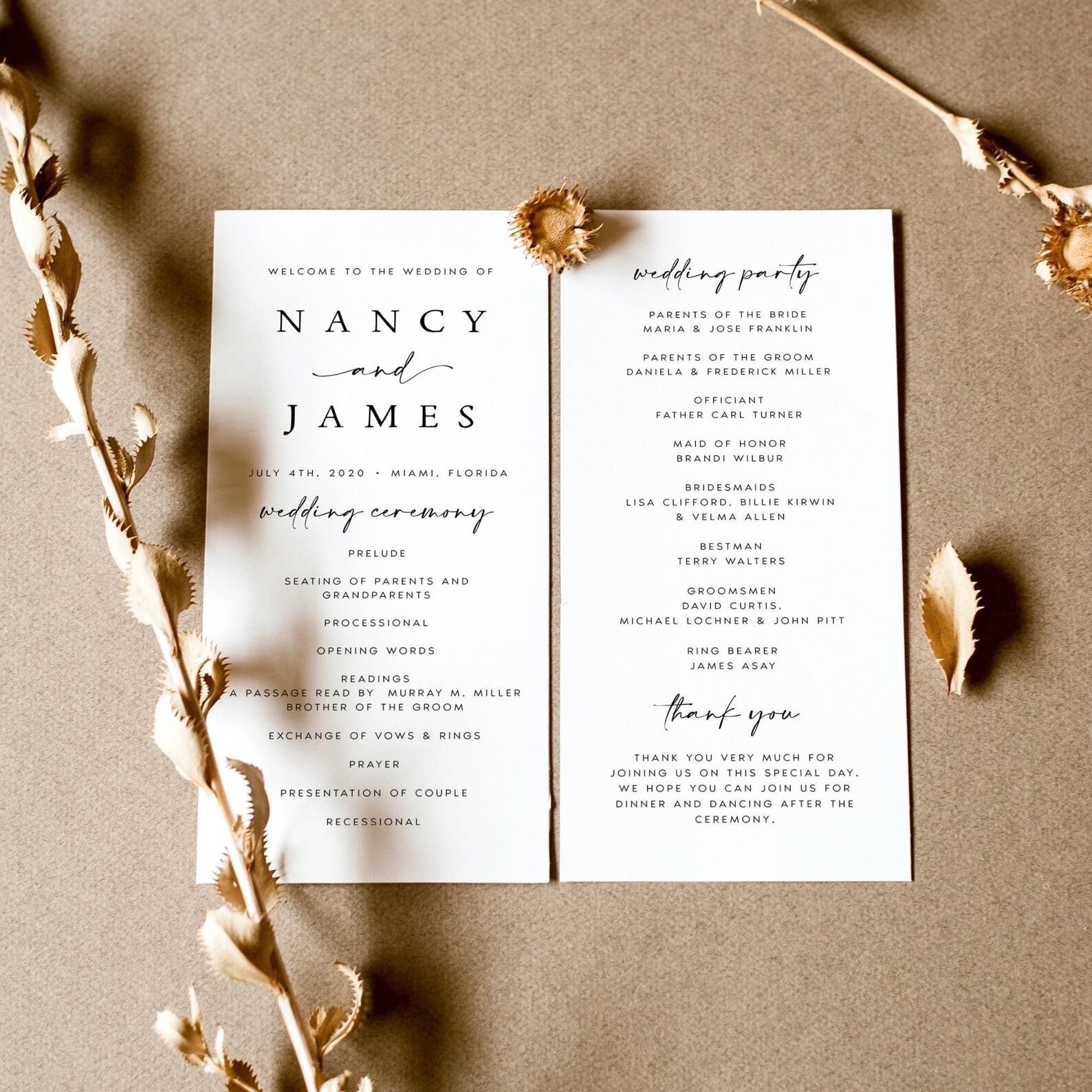BOHO Wedding Program Template, Minimalist Order of Service Printable ...