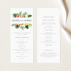 Plantilla de programa de boda tropical, programa imprimible para boda en la playa, programa de ceremonia editable, vegetación, bricolaje, edita con TEMPLETT, #HZL