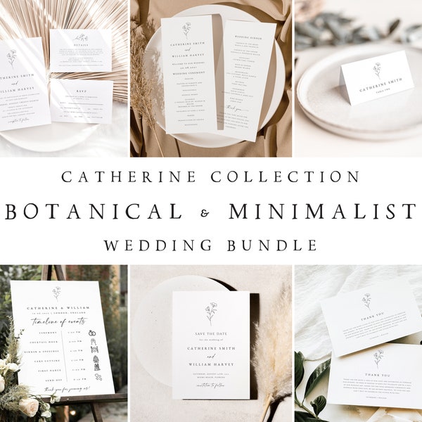 Botanical Fine Art Wedding Bundle, Invitation Set, Minimalist Wedding Invitation Set, Editable Template, Instant Download, Templett #CATHER