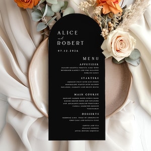 Cartões de menu de casamento em formato de arco, menus de jantar em formato de arco, menus impressos, papel texturizado fosco, menus de casamento pretos, moderno, minimalista, #ALC