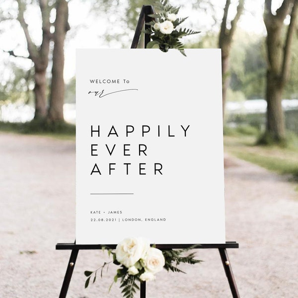Happily Ever After Wedding Sign, Welcome Wedding Sign Template, Script Wedding Welcome Sign, Modern Wedding Signs, DIY Welcome Signs, #KATE