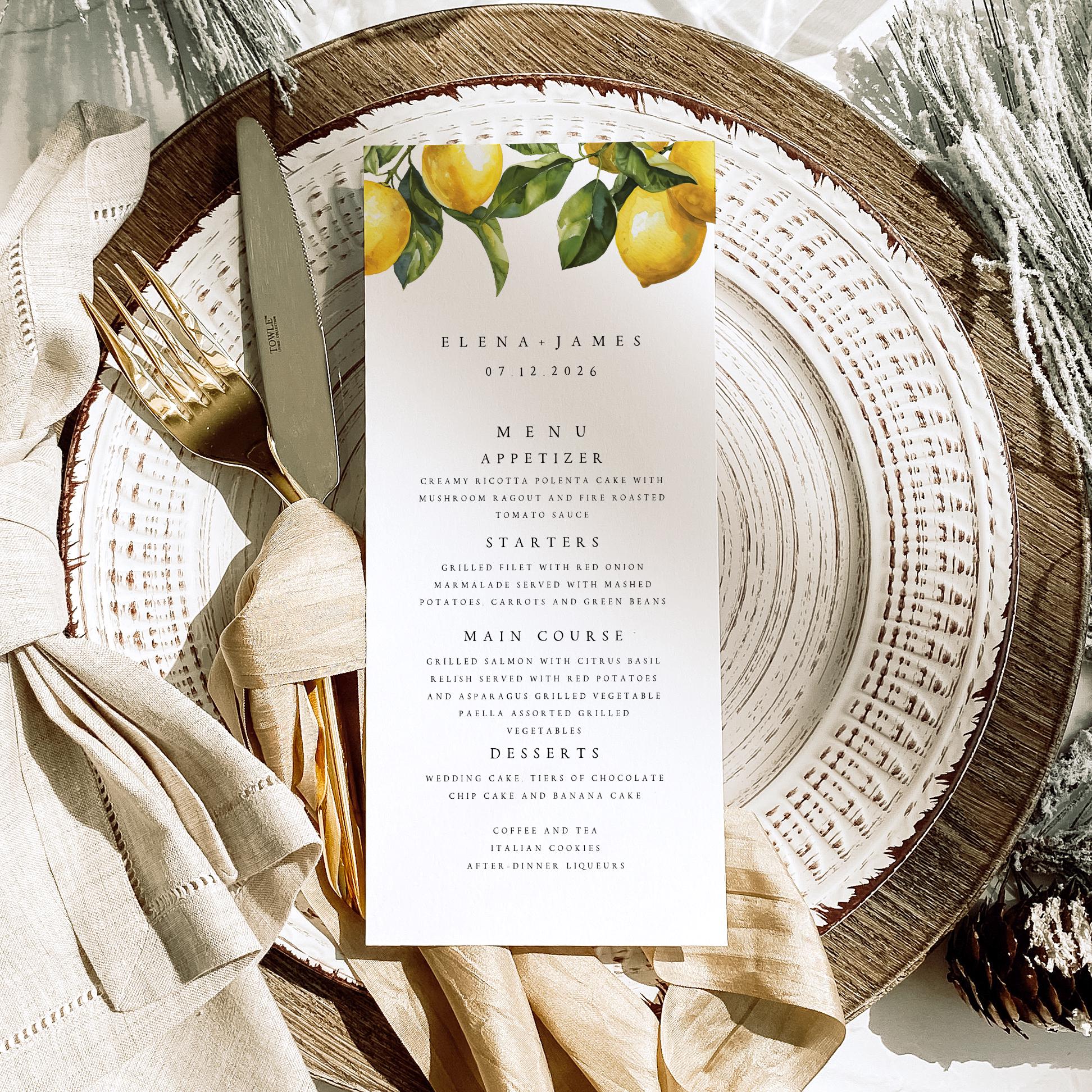 Lemon Menu Printed Lemon Wedding Menus: Citrus, Yellow, Mediterranean Personalised ...