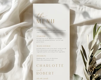 Plantilla de menú de boda moderna, tarjeta de menú de boda digital, menú de cena de boda personalizado, descarga digital de plantilla de menú de boda de Canva, CHARLOTTE