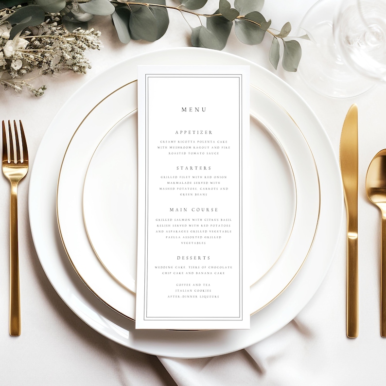 Wedding Menu Cards Printed, Modern and Minimalist Professionally Printed Event Wedding Dinner Menu, 300gsm Hammered Cardstock