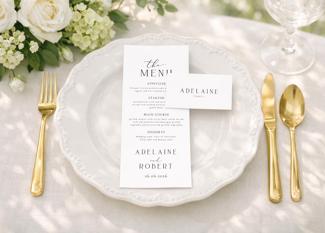 Wedding Menu & Place Card Template Set, Editable Canva Minimalist Name ...