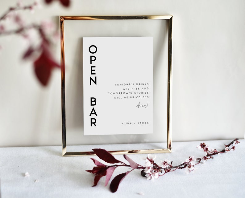 Wedding Open Bar Sign Template, Wedding Bar Sign, Modern Minimalist Wedding Signs, Alcohol Drink Sign, DIY, Editable, Templett, ALINA zdjęcie 4