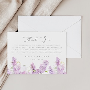 Cartes de remerciement de mariage lavande élégantes, cartes imprimables florales violettes, cartes de remerciement personnalisées, téléchargement immédiat modifiables, #ALCL