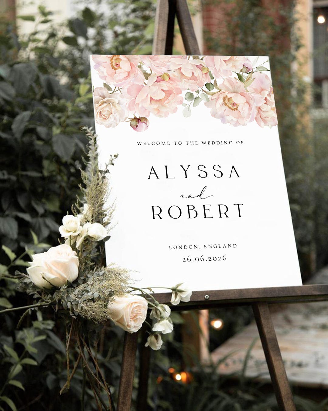 Floral Wedding Welcome Sign, Pink Peony Flowers Greenery Wedding ...