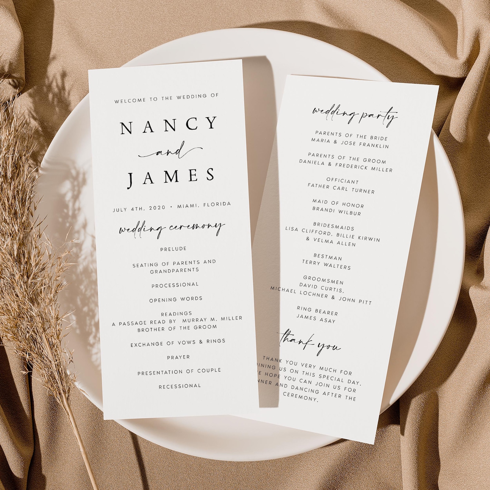 BOHO Wedding Program Template, Minimalist Order of Service Printable ...