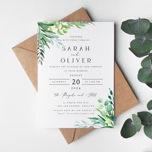 Conjunto de invitaciones de boda con vegetación, invitaciones de boda con acuarela, sobres kraft o blancos, papel mate texturizado, estilo rústico bohemio n.° 005