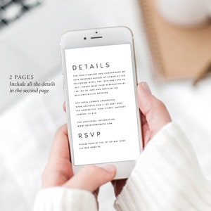 May include: A smartphone screen displaying a wedding invitation with details about the event, including the hotel reservation information and RSVP details. The text on the screen reads "Details" and "RSVP".