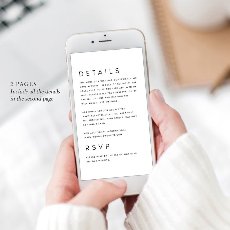 May include: A smartphone screen displaying a wedding invitation with details about the event, including the hotel reservation information and RSVP details. The text on the screen reads "Details" and "RSVP".