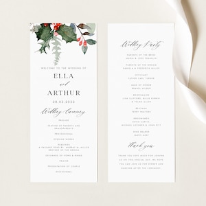 Winter Hochzeit Programm Vorlage, Feiertagsordnung, bedruckbare Zeremonie, Grün, Weihnachten, sofortiger Download, bearbeitbarer Text, #ELLA