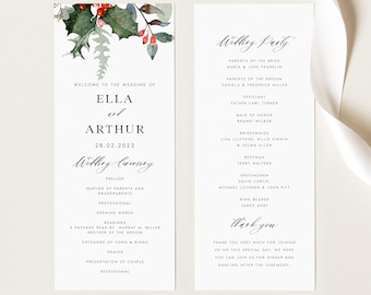 Plantilla de programa de boda de invierno, Orden de servicio navideña con vegetación (Descarga instantánea) ELLA