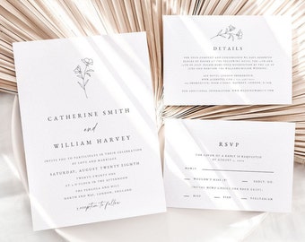 Botanical Wedding Invitation Template, Fine Art Printable Wedding Invitation Set, Elegant Wedding Invitations, Editable, TEMPLETT, #CATHER