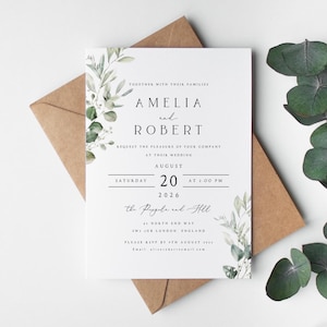 Invitaciones de boda con sobres, set de lujo de Invitaciones de boda con diseño de Aliento de Bebé, Eucalipto Verde Salvia, Personalizadas, Rústicas, n.° 001