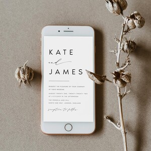 May include: A digital wedding invitation on a white background with black text. The invitation reads "Kate and James request the pleasure of your company at their wedding August twenty one, twenty twenty two at 4 o'clock in the afternoon The Pergola and Hill North End Way, London, England reception to follow."