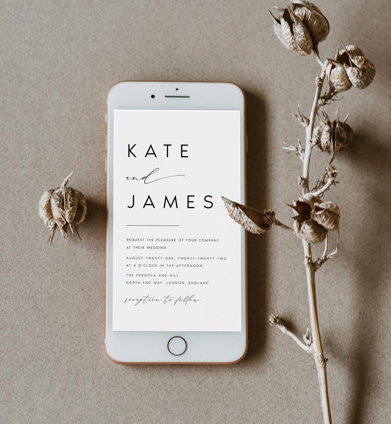 May include: A digital wedding invitation on a white background with black text. The invitation reads "Kate and James request the pleasure of your company at their wedding August twenty one, twenty twenty two at 4 o'clock in the afternoon The Pergola and Hill North End Way, London, England reception to follow."