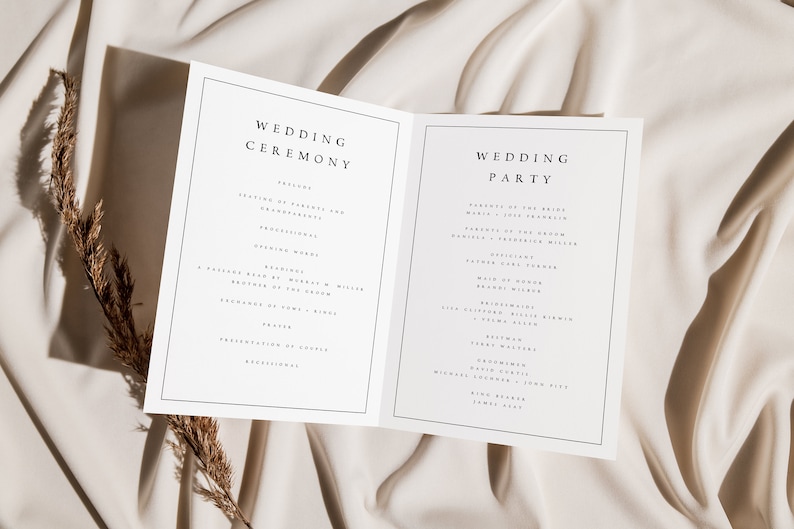 Elegant Wedding Program Template, Foldable Wedding Program, Minimalist Wedding Program, Folded Program Wedding Instant, Templett, MDLN image 4
