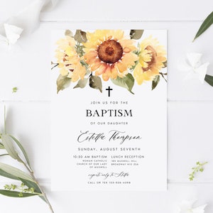 Sunflower Baptism Invitation Template, Printable Christening Invite, Boho Baptism Invitation, Rustic, INSTANT DOWNLOAD Templett, #ESTLLA