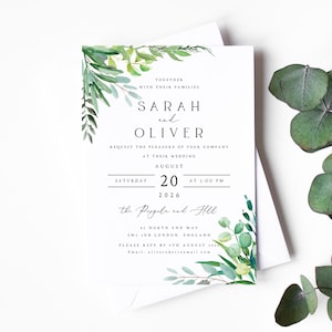 Conjunto de invitaciones de boda con vegetación, invitaciones de boda con acuarela, sobres kraft o blancos, papel mate texturizado, estilo rústico bohemio n.° 005