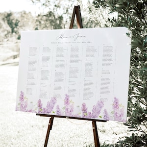 Plantilla de plano de asientos para boda, plano de asientos para boda en tonos lavanda, letrero imprimible con plano de asientos, plano de asientos para boda con flores en tonos morado y lila, #ALCL