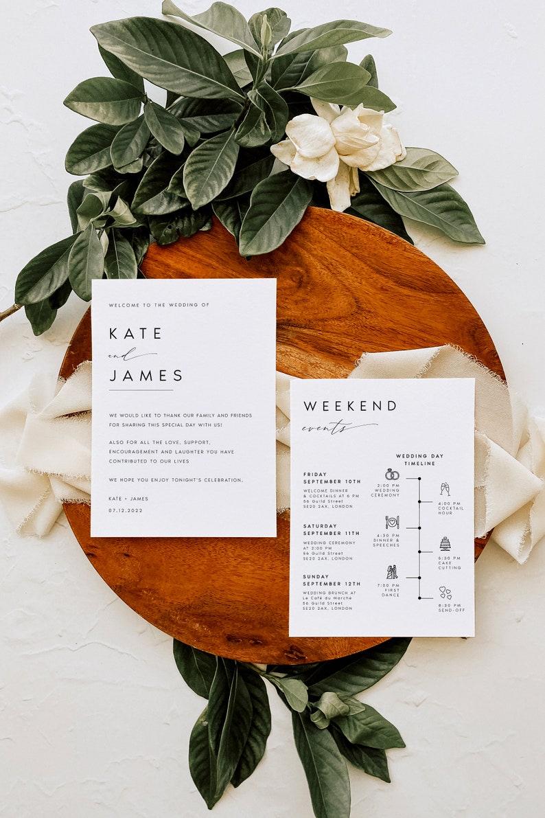 Modern Welcome Letter & Timeline Template, Minimalist Wedding Order of Events, Wedding Itinerary, INSTANT DOWNLOAD 100% Editable Text, KATE image 3