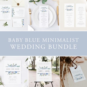 Minimalist Baby Blue Floral Wedding Bundle, Invitation Set, Wedding Invitation Suite, Editable Template, Instant Download, Templett, #AMY