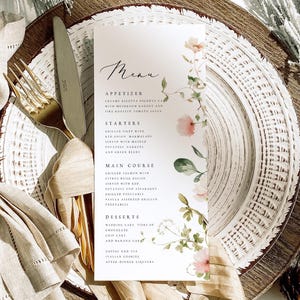 Plantilla de menú de flores silvestres, menú de despedida de soltera para fiesta en el jardín, menú de evento con flores bohemias, menú de boda, descarga instantánea de flores modernas bohemias, #RCHL