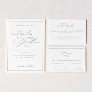 Zwart-wit trouwkaarten, modern bloklettertype witte bruiloftsuitnodiging met witte enveloppen, eenvoudige minimalistische uitnodigingen, #CCL