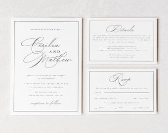 Black and White Wedding Invitations, Modern Block Font White Wedding Invite with White Envelopes, Simple Minimalist Invitations, #CCL