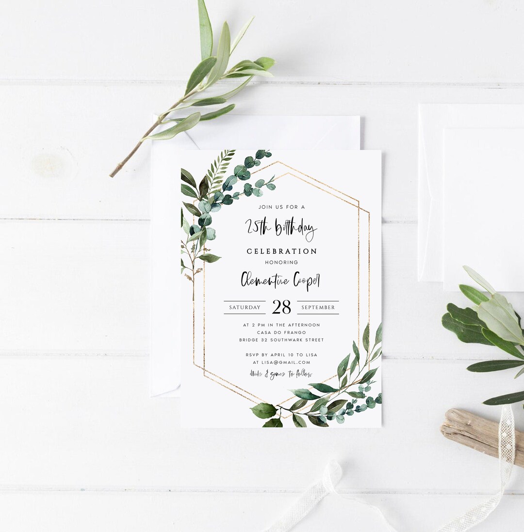 Birthday Party Invitation Template, Greenery Rustic Birthday Party