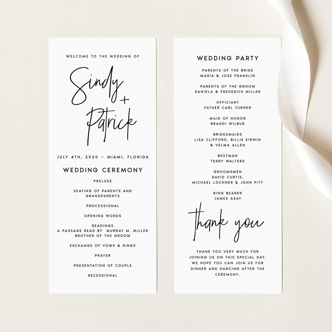Minimalist Wedding Program Template, Order of Service (digital Download ...