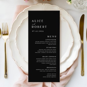 Menükarte für die Hochzeit, Elegantes Hochzeitsmenü in Schwarz, Modernes Minimal Menükarte für die Hochzeit, Hochzeitsmenü, Abendkarte, #ALC