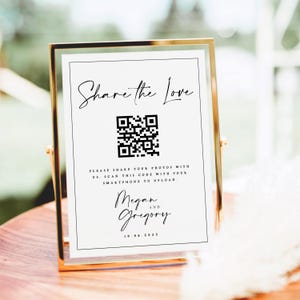 Partagez l'amour QR Code carte de mariage, carte photo de mariage minimaliste moderne, capturez l'amour carte, imprimable Partagez l'amour modifiable, #MGN