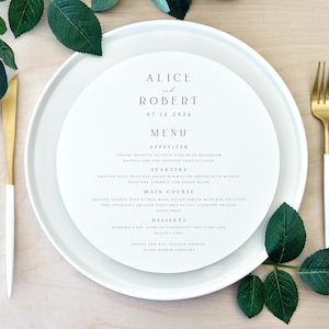 Okrągłe drukowane karty menu, Menu okrągłe, Drukowana papeteria ślubna, Nowoczesne karty menu weselnego, Minimalistyczne, Klasyczne, Eleganckie, #ALC