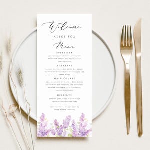 Lavender Wedding Menu Template, Boho Lilac Reception Menu Cards, Elegant Purple Flower Dinner Menu, Printable Floral Menu, Download, #ALCL