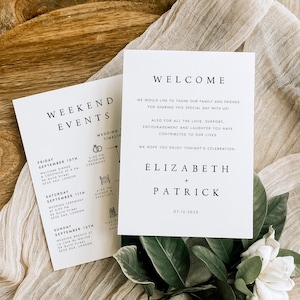 May include: A white wedding invitation with black text. The invitation includes the names Elizabeth and Patrick, the date 07.12.2022, and a welcome message for guests. The invitation also includes a weekend events timeline with details for a welcome dinner, wedding ceremony, and wedding brunch.