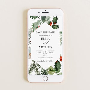 May include: A digital save the date announcement for a wedding. The announcement features a watercolor illustration of holly and pine branches with red berries. The text reads "Save the Date for the wedding of Ella and Arthur, Sat Dec 15, 2022, Miami Beach, Florida, invitation to follow."