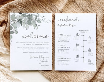 Eucalyptus Wedding Itinerary Card Template, Botanical Greenery (Printable Digital Download) BRKLYN