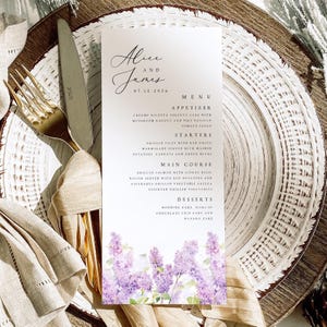 Plantilla de menú de boda, tarjeta de menú floral lavanda, menú de boda lila imprimible, tamaño DL 4x9, descarga instantánea editable, #ALCL