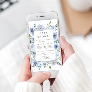 Floral Electronic Baby Shower Invite, Dusty Blue Text Message Baby Shower Invitation Template, Baby Shower Evite Instant Download, #ELENA