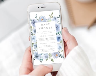 Floral Baby Shower Evite, Dusty Blue Invitation (Digital Download) ELENA