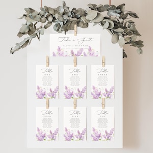 Lavendel Floral Sitzplan Karten Vorlage, eleganter lila Sitzplan, Tischnummern, druckbare Vorlage Sofort-Download, #ALCL