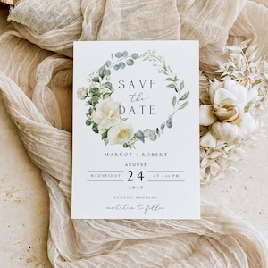 GREENERY Save the Date Card Template Canva, Minimalist Sage Green & White Floral Save our Date Wedding Invite Digital Download, MARGOT1
