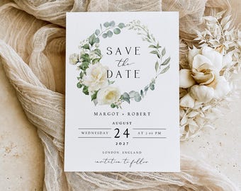 Modèle de carte Save the Date VERDURE, toile minimaliste florale vert sauge et blanche, réservez notre date d'invitation de mariage en téléchargement numérique, MARGOT1