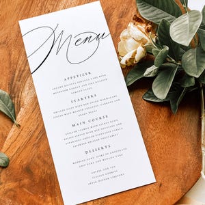 Gedrukte menu's, elegante trouwmenu's, kalligrafie trouwmenukaarten, eenvoudige elegante hoge trouwmenu's, bedrukking op maat voor menu's, #NTHA