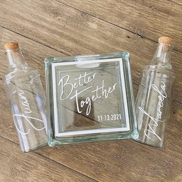 Sand Ceremony Set | Personalized| Glass Modern Block|White Writing| Better Together|Unity Set|Wedding Decor